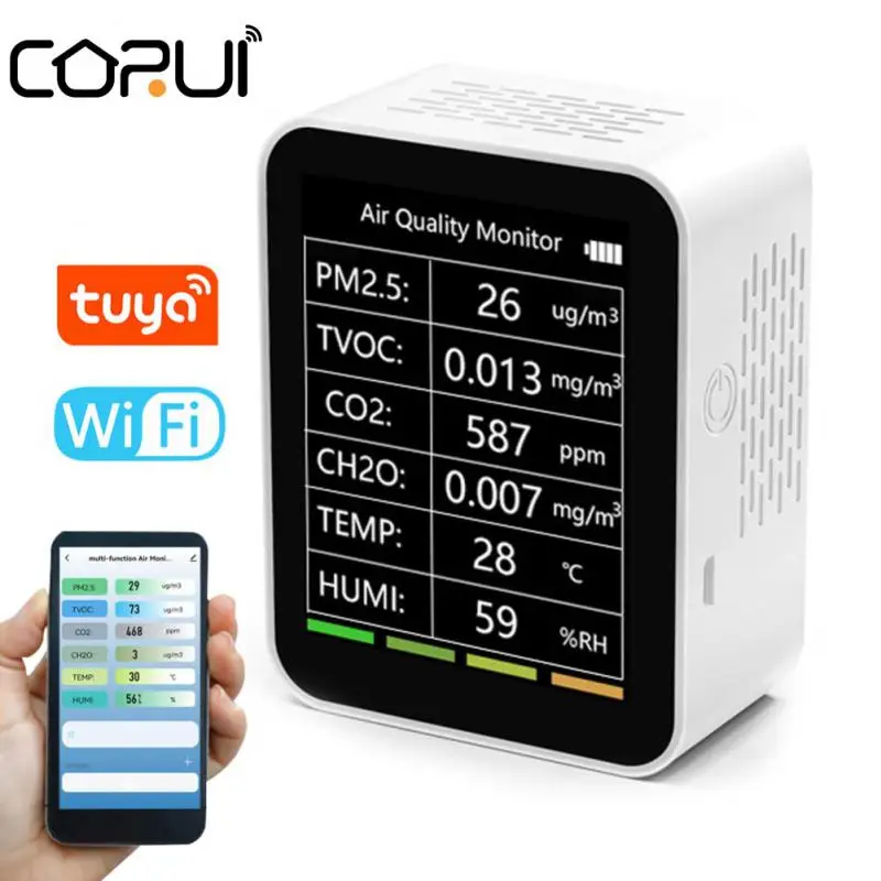 

Детектор качества воздуха Tuya 6 в 1 с Wi-Fi, интеллектуальный детектор температуры и влажности PM2.5 TVOC CO2 CH2O, многофункциональный детектор