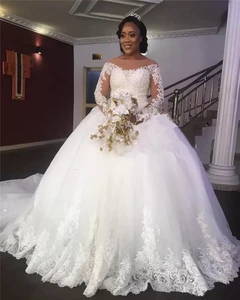 Princess Ball Gown Lace African Wedding Dresses Off The Shoulder Long Sleeves Sequined Beaded Bridal Gowns Vestido De Novia 2023