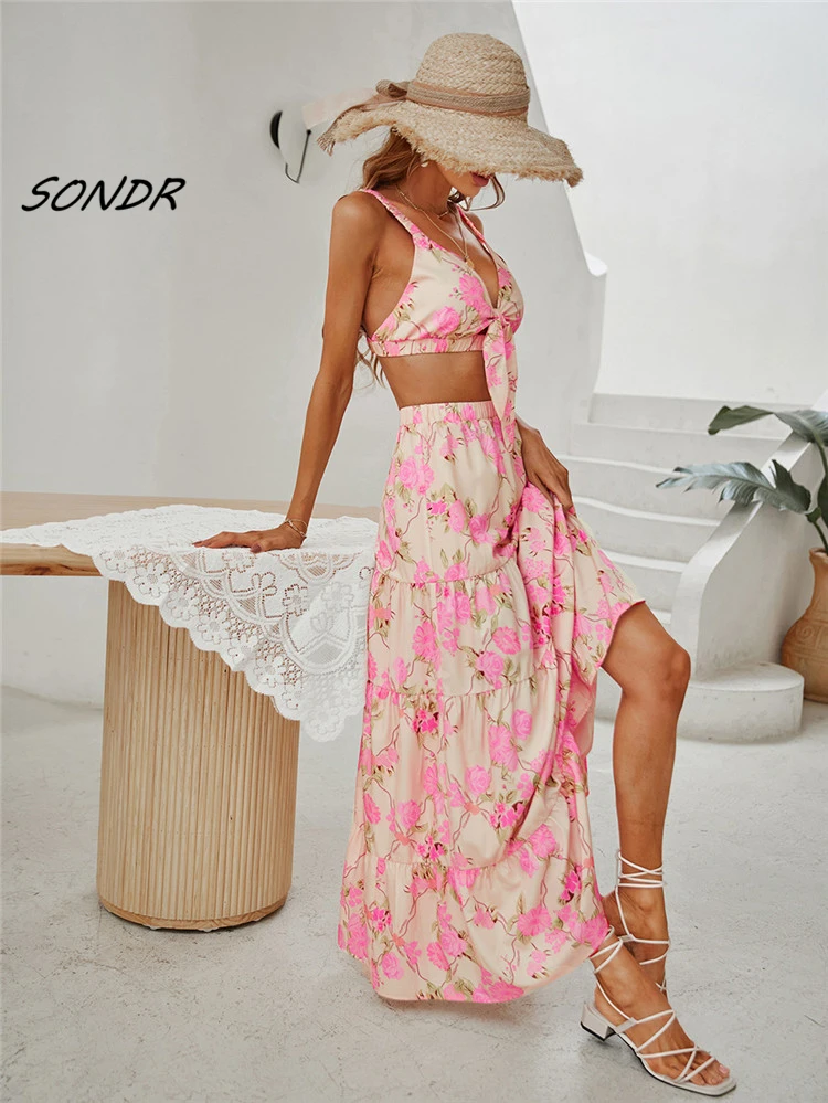 

2022 Sexy Dress Sets Bohemian Print Backless Maxi Dress for Women