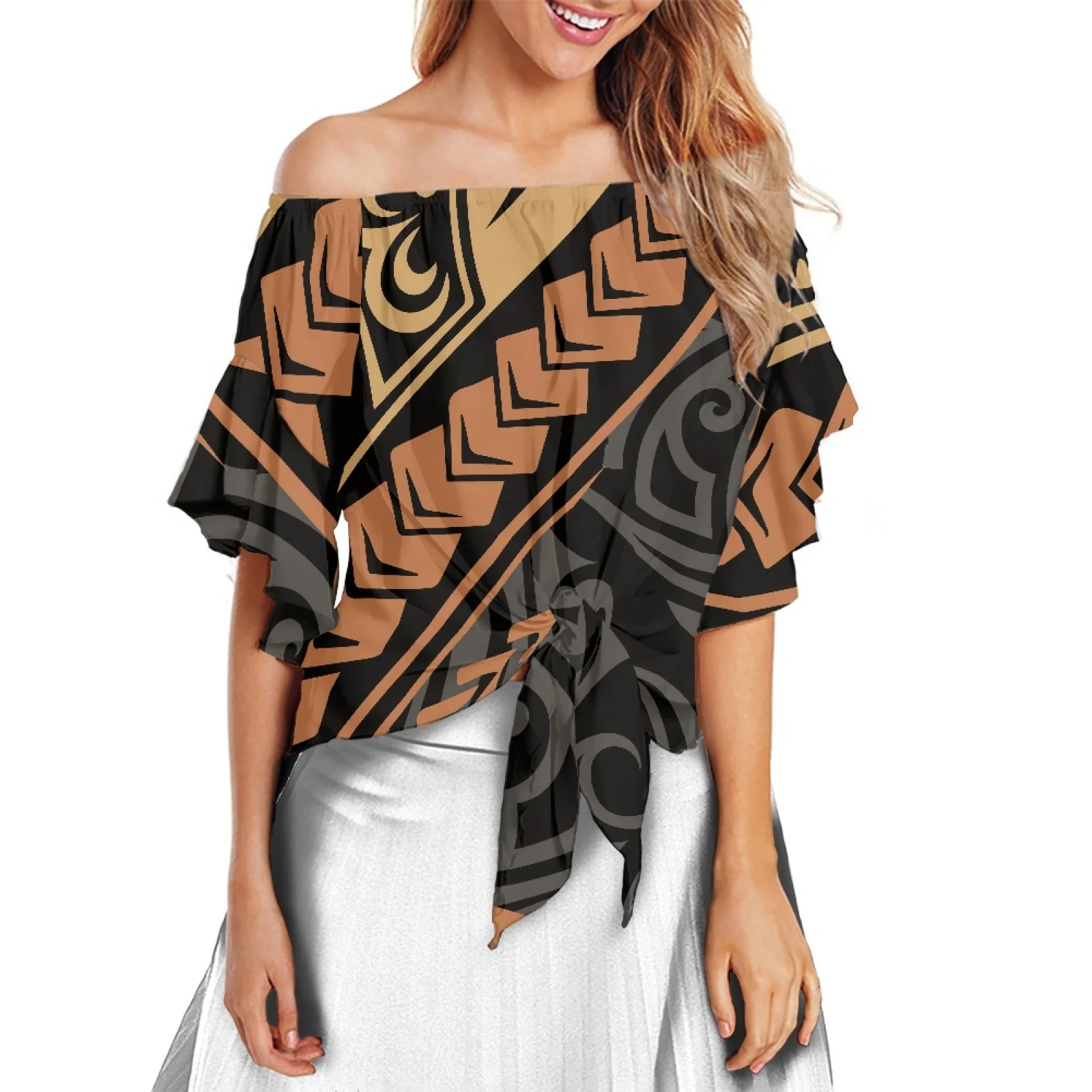 Женская рубашка с открытыми плечами из 100% полиэстера