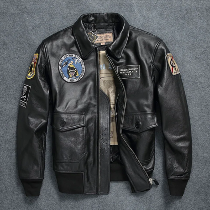 

Spring Winter Latest Classic Military Cowhide Jacket Men Lapel Embroidery Calfskin Leather Jacket Large SizeThick corium coat