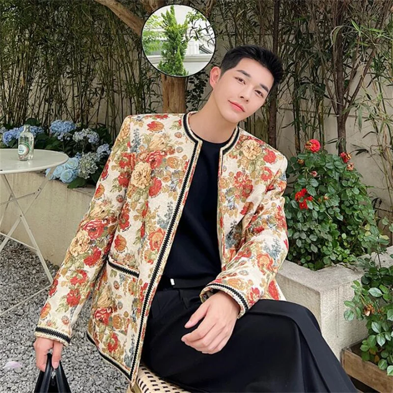 

Европейские блейзеры, мужские костюмные куртки, одежда для шоу, Осеннее высококачественное шерстяное жаккардовое пальто с мелким запахом и цветочным принтом