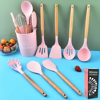 silicone kitchen accessories with wooden handle non stick cookware spatula soup spoon egg beater cooking gadgets