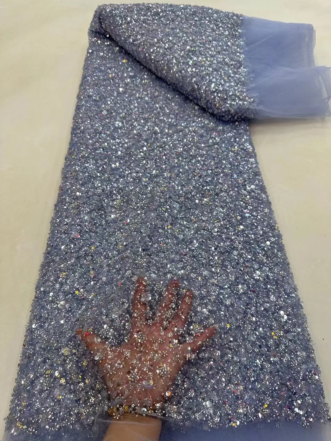 

Luxury Beaded Lace Sequins African Groom Lace Fabric 2023 High Quality Nigerian Net Lace Fabric for wedding Or Party Dress