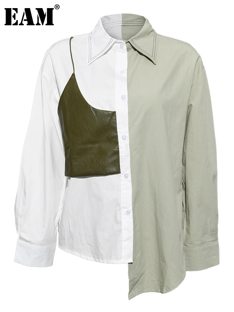 

[EAM] Женская Асимметричная зеленая блузка из искусственной кожи большого размера, новая свободная рубашка с длинными рукавами и отворотом, м...