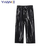 yihanke mens fashion wide leg pants baggy homme men denim trousers classic cargo pocket jeans blue men casual pants s 3xl