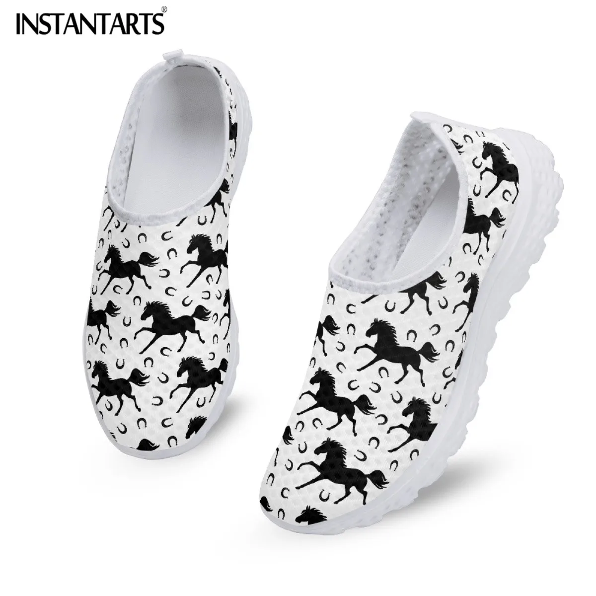 

Женские сетчатые туфли INSTANTARTS, черные туфли без шнуровки, с принтом лошадей, легкие удобные лоферы, лето 2023