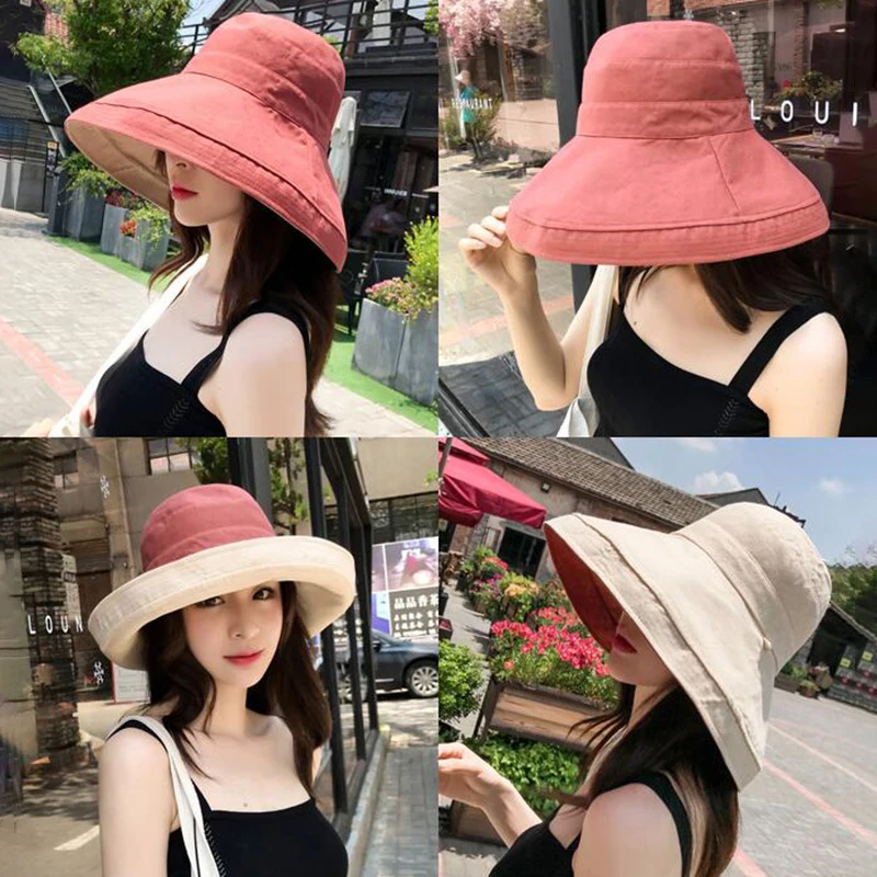 

Korean Wide Brim Panama Oversized Bucket Hats Women Canvas Sun Hat Outdoor Beach Cap Large UV Protect Foldable Floppy Chapeau