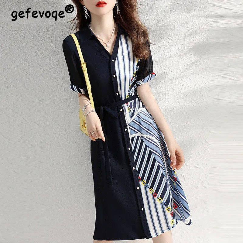 

Summer V Neck Short Sleeve Striped Print Patchwork Button Shirt Elegant Dresses for Women Casual Fashion Slim Lace Up Midi Dress