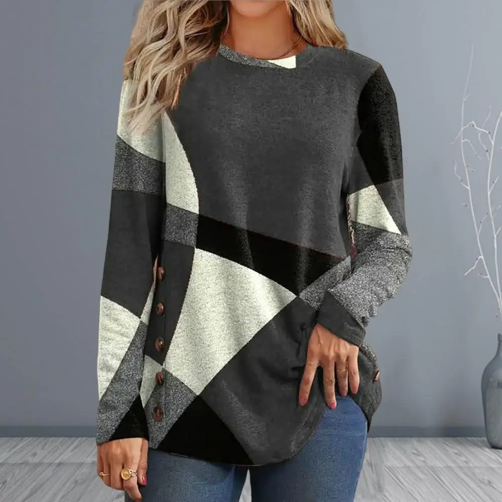 

Pullover Blouse Breathable Long Sleeves 3D Cutting Casual Street Geometric Pattern Bottoming Tops T-shirt Top Workwear