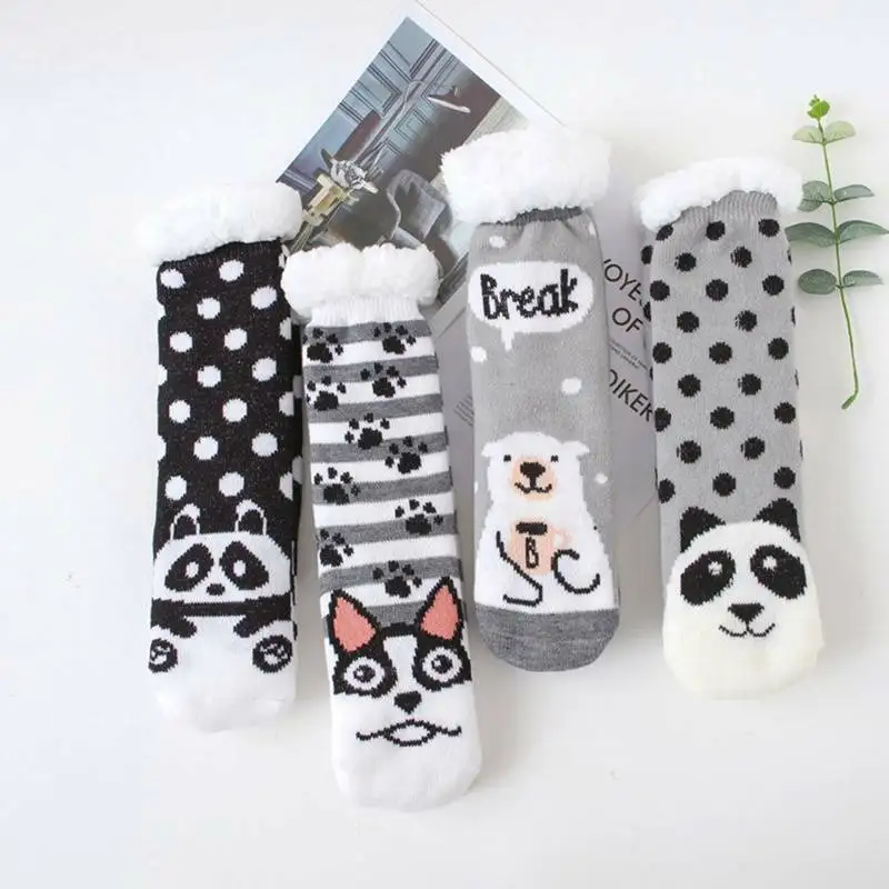 Women Slippers Home Socks Cartoon Print Floor Socks Plush Velvet Non-slip Panda Carpet Fluffy Warm Socks Autumn