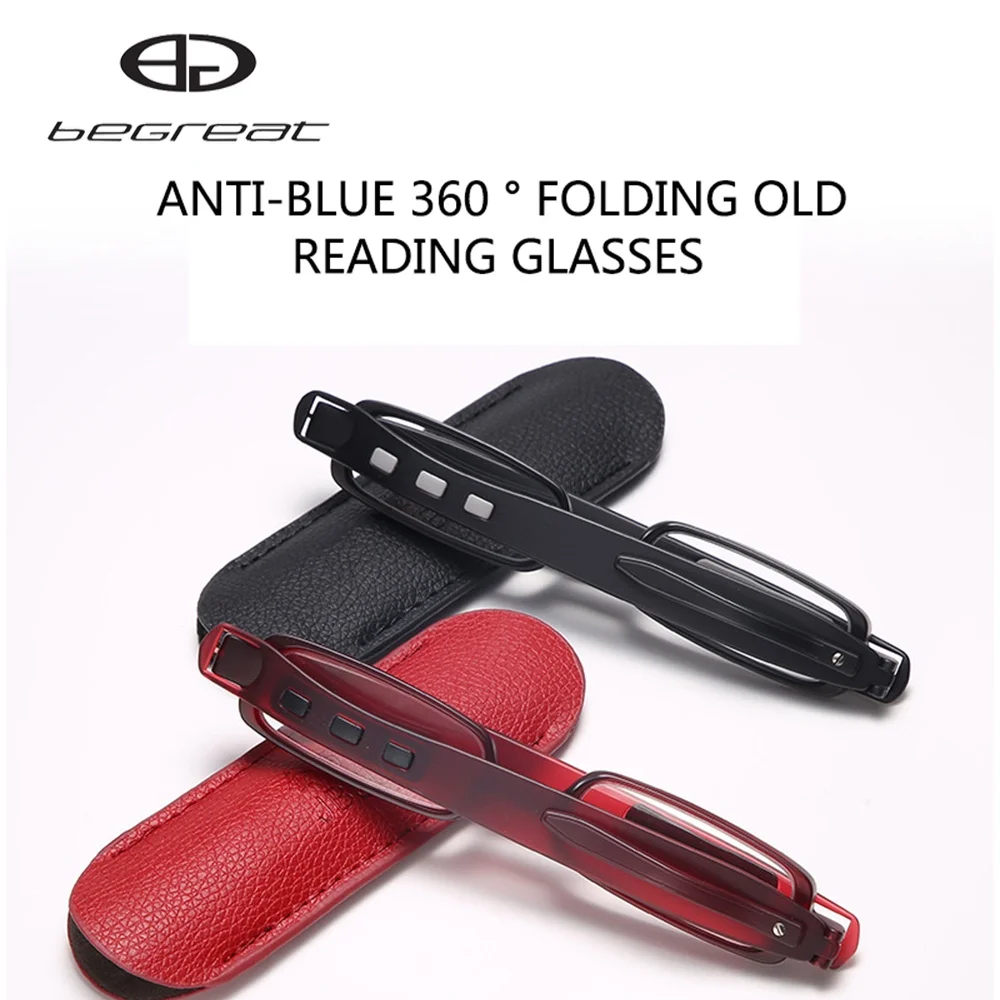 

Begreat Portable Reading Glasses TR90 Foldable Pocket Presbyopia Eyeglass 360 Rotating Pencil Case Anti Blue Light Spectacles