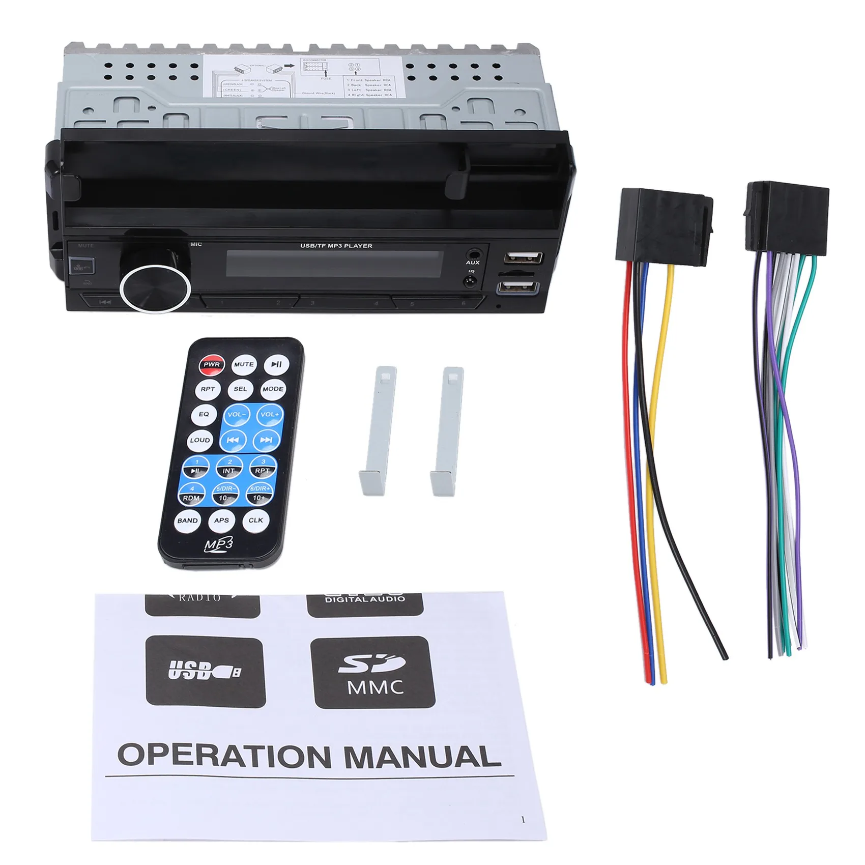 

1Din Car Radio Autoradio Bluetooth 12V Car Audio Player Mp3 FM Radio Music USB/SD with in Dash AUX Input with Holder ISO