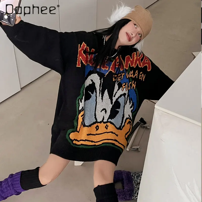 2022 Autumn Winter New Thickened Cartoon Duck Long-Sleeved Sweater Female Round Neck Pullover Mid-Length Women's Clothing Top