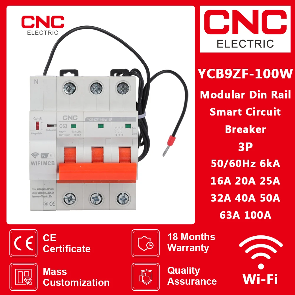 

CNC YCB9ZF-100W 3P Din Rail WiFi Smart Circuit Breaker Automatic Switch Overload Short Circuit Protection For Smart Home