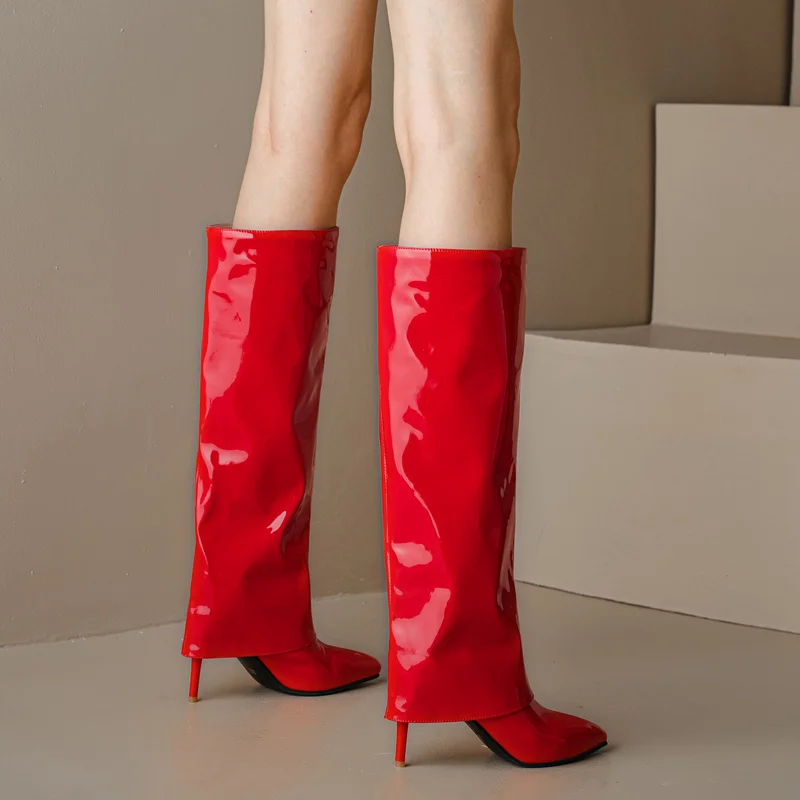 

Привлекательные глянцевые высокие сапоги до колена YMECHIC из лакированной кожи с перевернутыми краями, женские сапоги с острым носком на высоком каблуке-шпильке, 2022