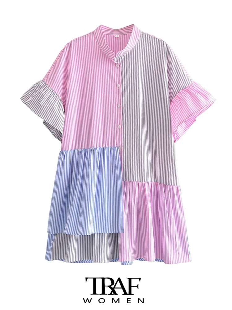 

TRAF Women Fashion With Ruffles Patchwork Striped Mini Dress Vintage Short Sleeve Button-up Female Dresses Vestidos Mujer