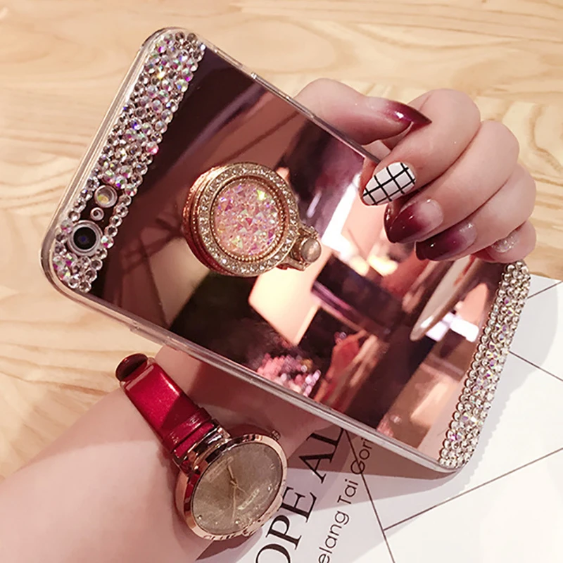 For iPhone 14 13 12 11 Pro Mini 8 6 7 XS Max XR SE 2020 Case Glitter Diamond 360 Rotation Ring Stand TPU Mirror Rhinestone Funda