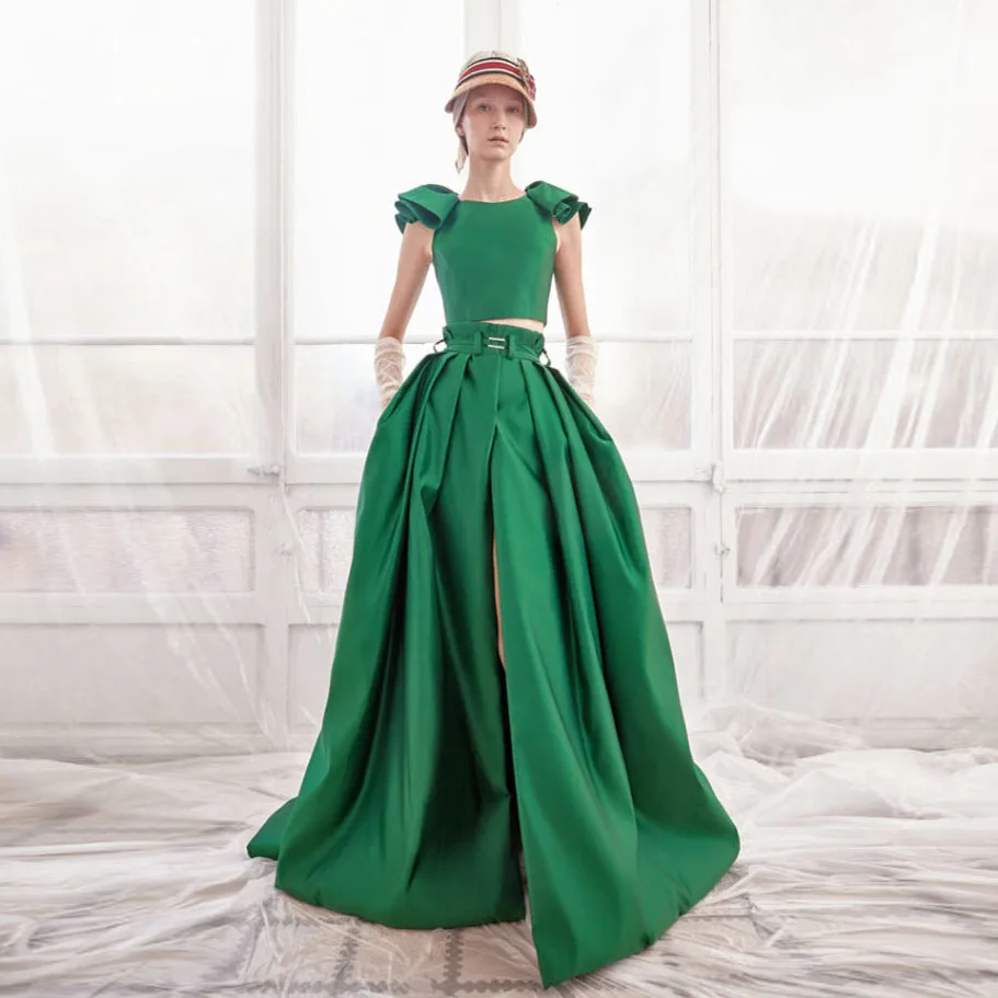 Elegant Green Long Skirt Sets for Women Prom Party Dresses High Split Satin Pleated Formal Wedding Guest Dress 2023 Zipper Back