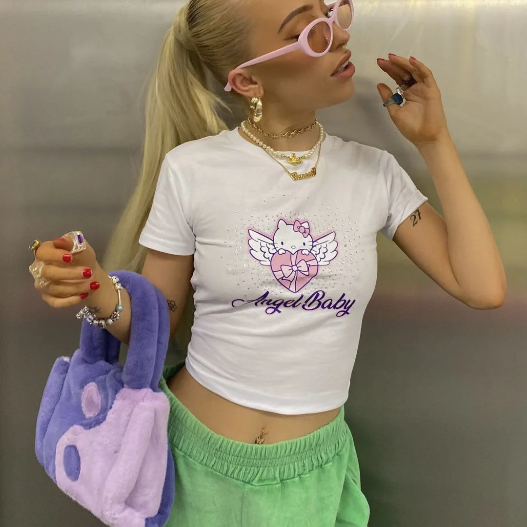 

Sanrio Summer New Y2K Hello Kitty T-Shirt Printing Tops Fashion Cute Girls Sexy Round Neck Slim Short Short-Sleeved Female Ins