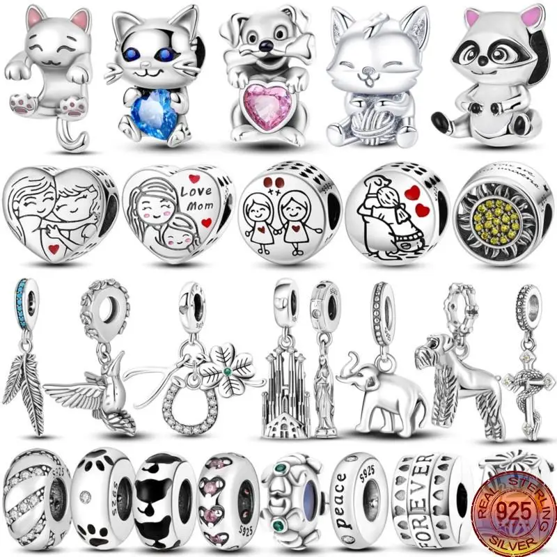 Лидер продаж серебряные подвески 925 бусины милые кошки домашние животные висячие