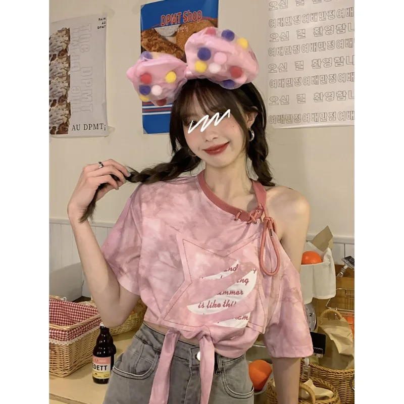 

Off Shoulder Tie Dyed Women Short Sleeve Tshirts Y2k Korean Irregular High Waist Slim Camisetas Bandage Crop Tops Sweet Tees