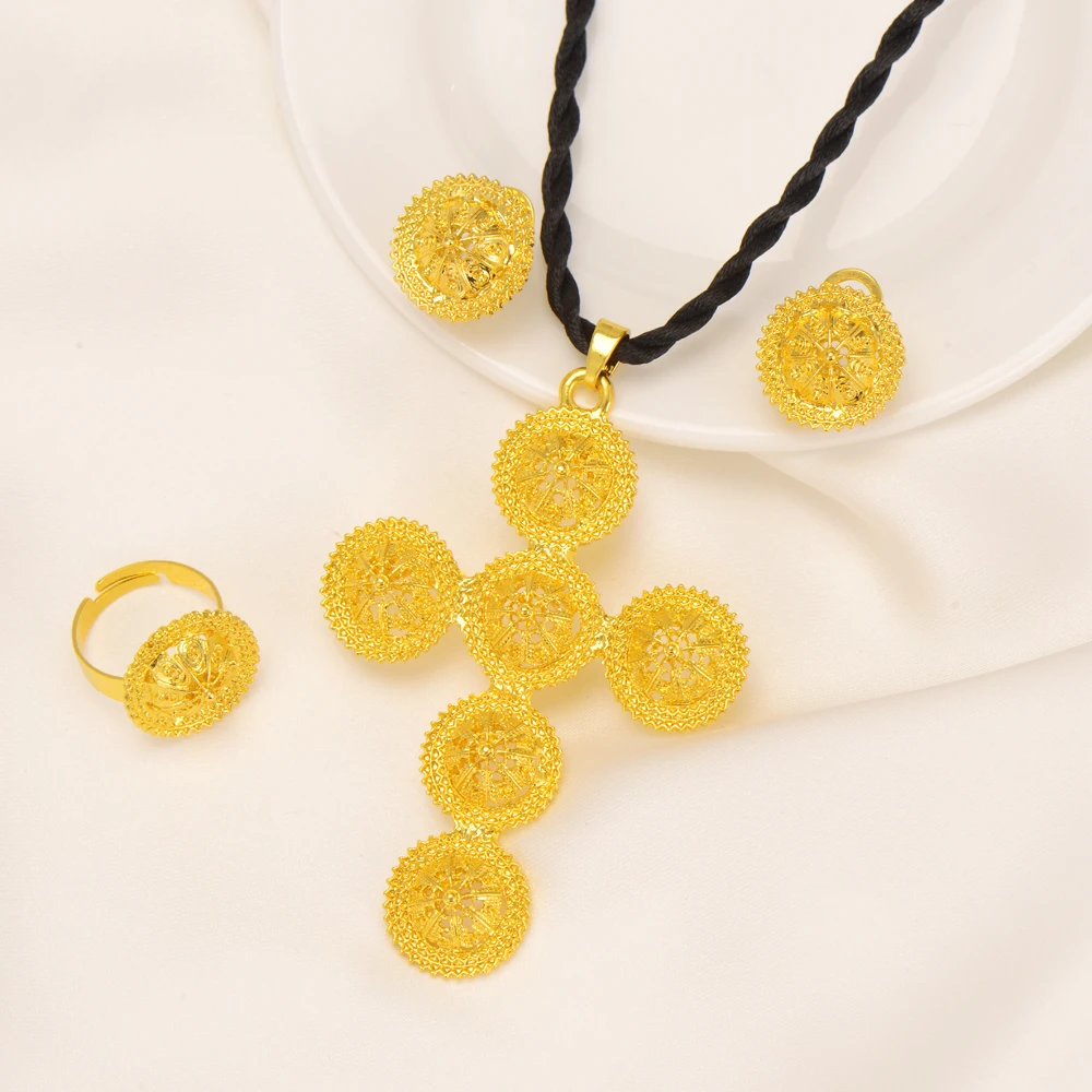

2022 Ethiopian/EritreaTraditiona Big Cross Black Rope Jewelry Set For Women's Habesha Wedding Party Gift