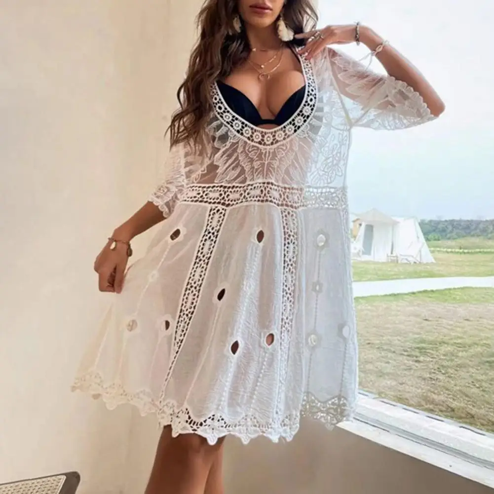 

Bikini Cover-up Sunscreen Soft Fabric Sweet Sexy Thin Half Sleeves See-through Lace Deep VNeck Wing Print Bikini Dress Beachwear