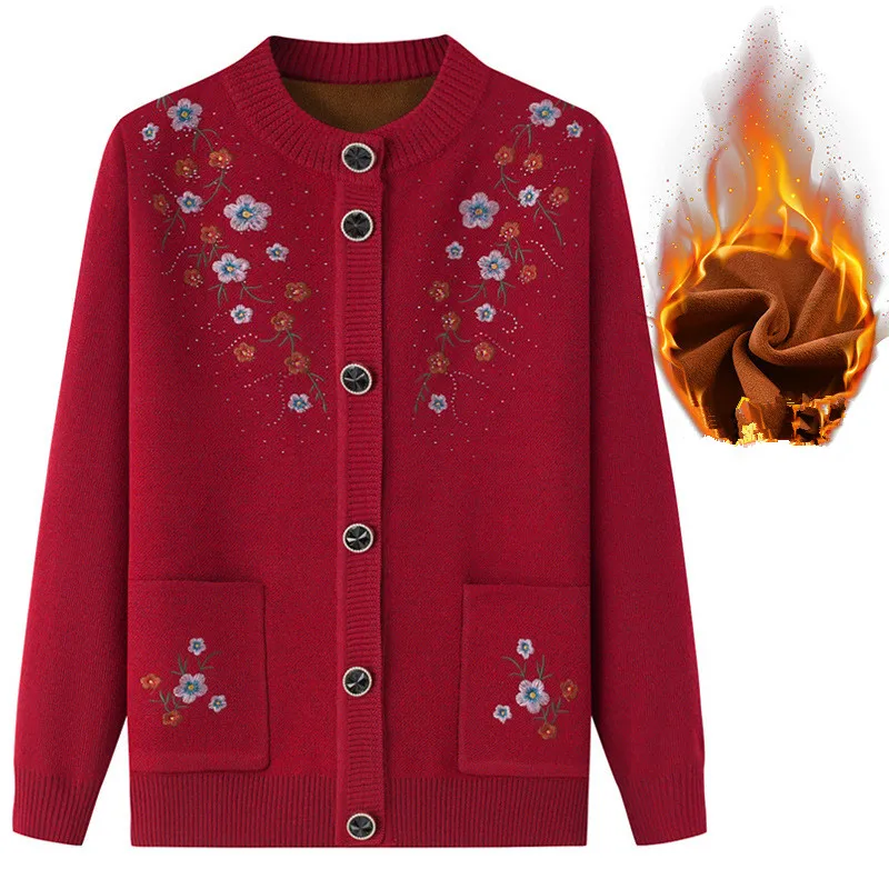 İlkbahar sonbahar üst kadınlar yaşlı annenin işlemeli örme kazak büyükanne kış artı kadife kalın hırka ceket XL-4XL