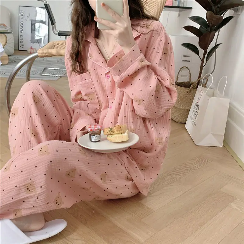 QWEEK Cotton Sleepwear Kawaii Women's Pajamas Bear Print Nightwear Female Set Woman 2 Piece Pijama Polka Dot Pyjamas Long Sleeve