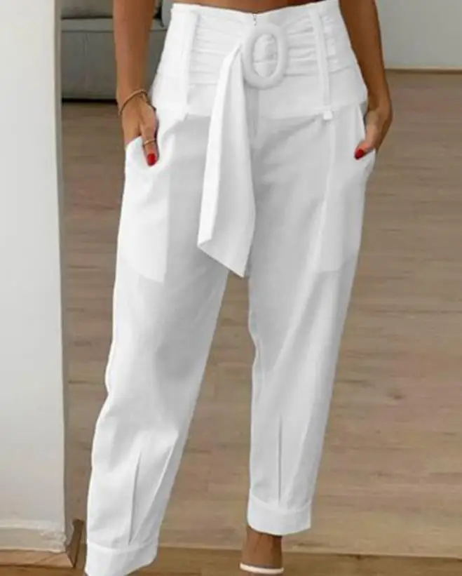 2023 Summer Women's Pants Fashion High Waist Belt Pocket Design Basic White Casual Pants Versatile Street Wear