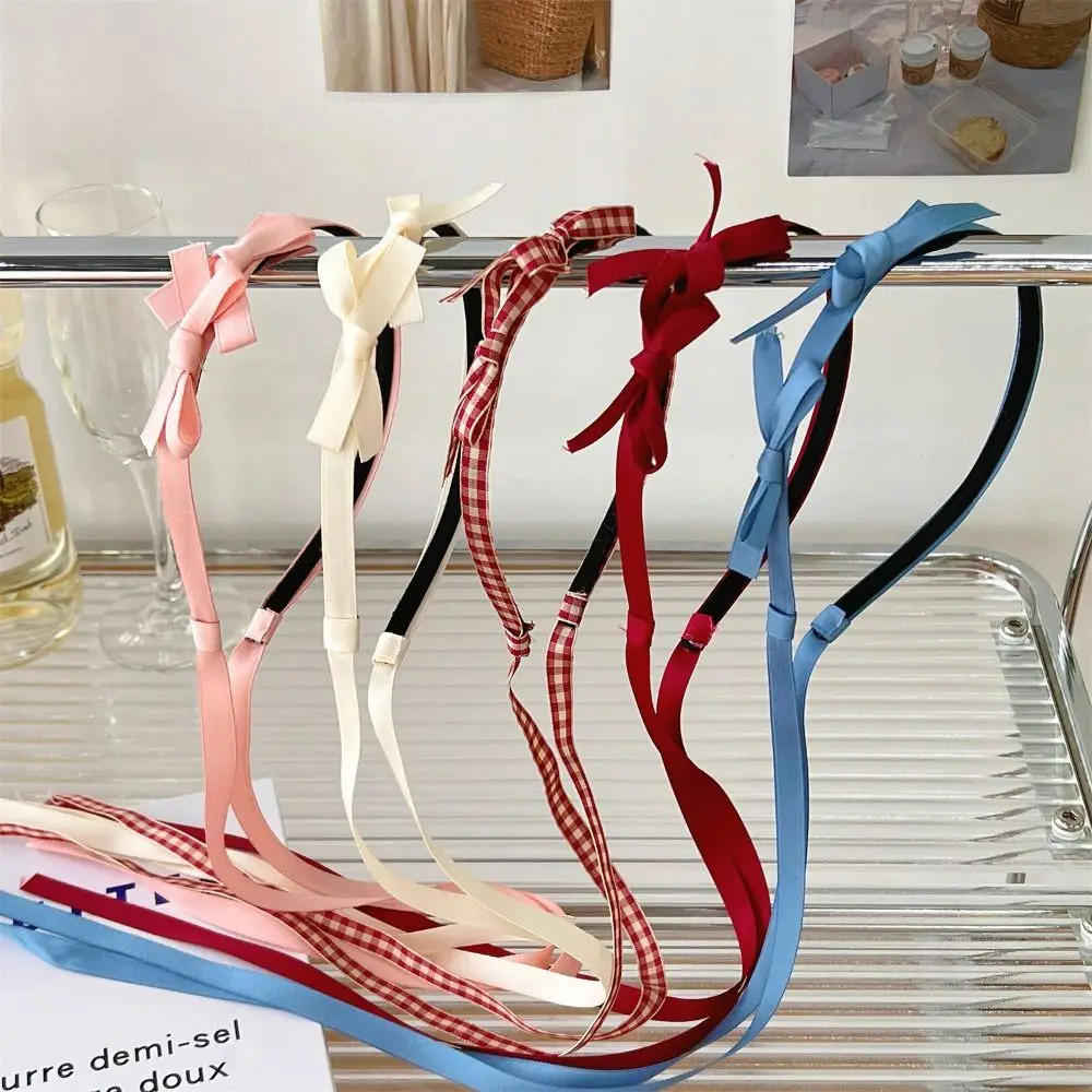 

Elegant Stripe Plaid Tassel Long Ribbon Head Wrap Lattice Balletcore Bow Headband Women Hair Hoop Bowknot Korean Hairband