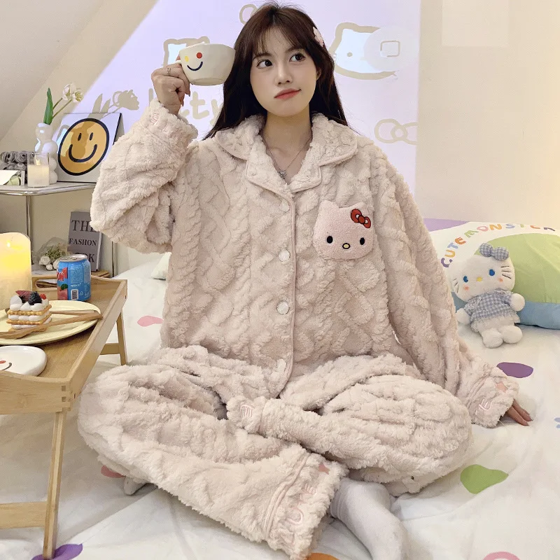 Sanrio Hello Kitty аниме женские плюшевые пижамы Kawaii фланелевой кардиган домашняя одежда