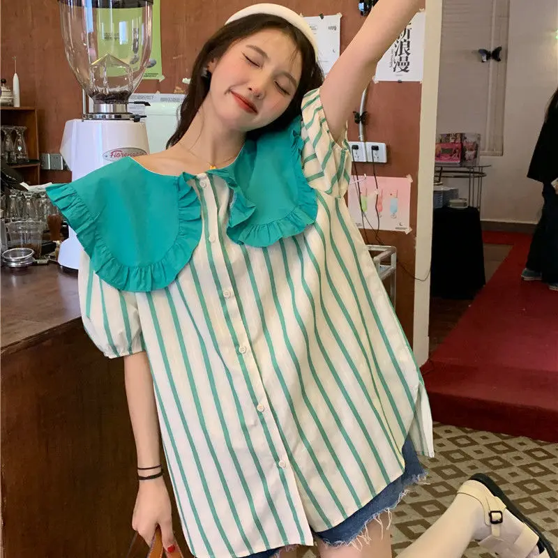 

Ruffled Lapel Striped Young Style Loose Shirt Women Blouse Sweet Girls 2022 Summer Preppy Style Short Sleeve Slim Korean Fashion