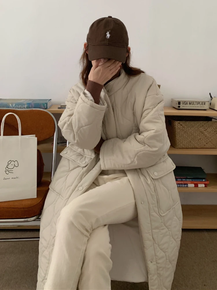 

Korea Style Women Winter Loose Long Parkas 2022 Female Quilted Cotton Coats Jacket Single Breasted Thicken Warm Overcoat