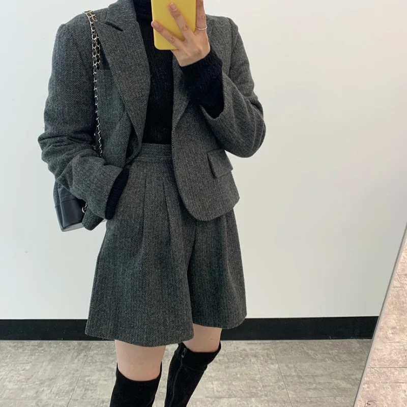 

Женский костюм, Однотонное шерстяное короткое пальто, комплект с высокой талией и широкими штанинами, Женский Повседневный костюм