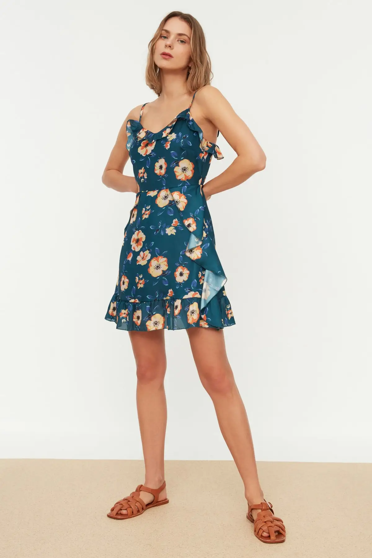 

Women's Navy Blue Floral Prints Summer Mini Casual Casual Elegant Dress Free Shipping