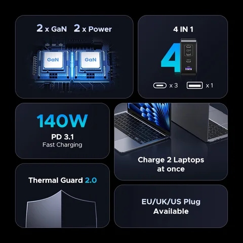 UGREEN 200 Вт дорожное зарядное устройство GaN PD 3.1 140 Вт QC4.0 3.0 Быстрая зарядка для ноутбуков Macbook Pro iPhone 16 15 Samsung S25 Xiaomi Tablet