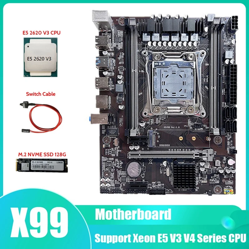 HOT-X99 Motherboard LGA2011-3 Computer Motherboard Support DDR4 RAM Memory With E5 2620 V3 CPU+Switch Cable+M.2 SSD 128G