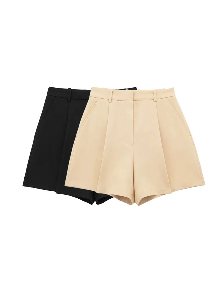 TRAF Women Fashion Side Pockets Front Pleated Shorts Vintage High Waist Zipper Fly Female Short Pants Mujer 2023 Casual Clothes