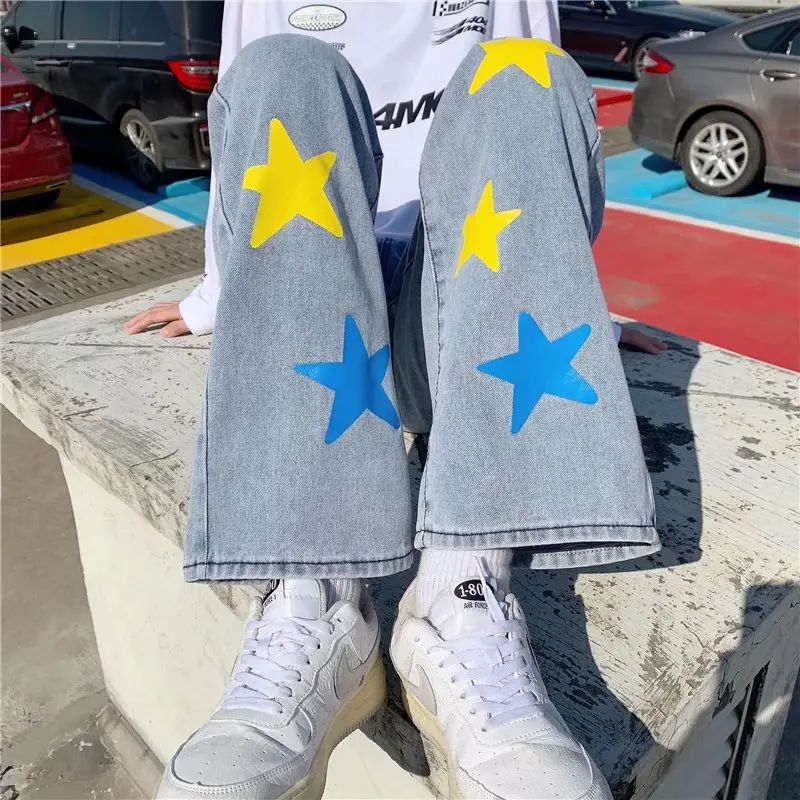 2022 New Fashion Star Print Straight Baggy Men Jeans Trousers Y2K Hip Hop Loose Korean Casual Denim Pants Luxury Pantalon Homme