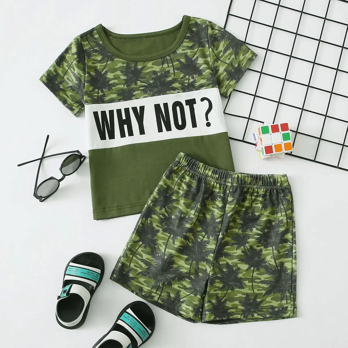 

Оптовая продажа, летние разноцветные камуфляжные костюмы с круглым вырезом и кокосовым принтом, модные повседневные новые мягкие ткани