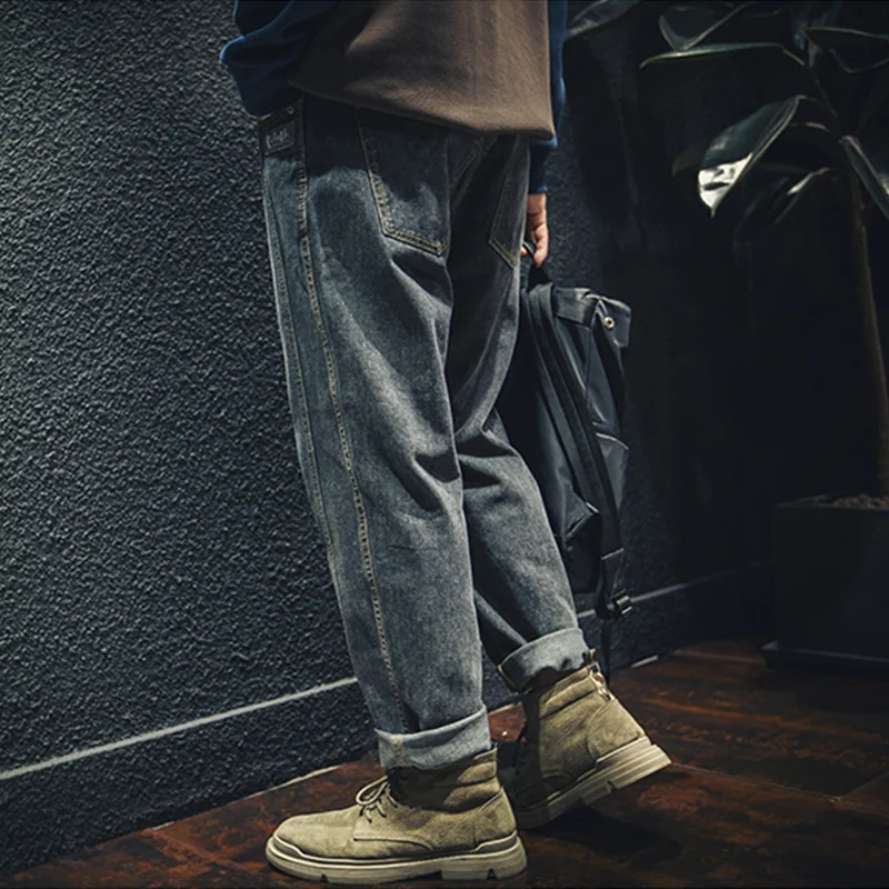 Men Clothing Autumn and Winter New Straight Loose Cylinder Jeans Vintage Splicing Comfortable Black Grey Harun Trousers Female