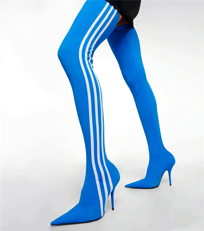 

Spring Autumn 2023 Women's High Heel Elastic Boots Fashion High Heel Pointed Stripe Ladies Over Knee Color Stitch Boots 34-43