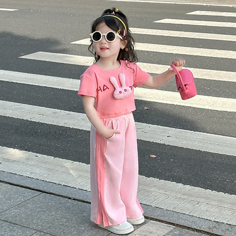 

Girls Cute Pink Clothes Set Summer Cartoon Bunny Short Sleeves T-shirt with Wide Leg Trousers 2 Piece Suit 2-8Y Children Outfits