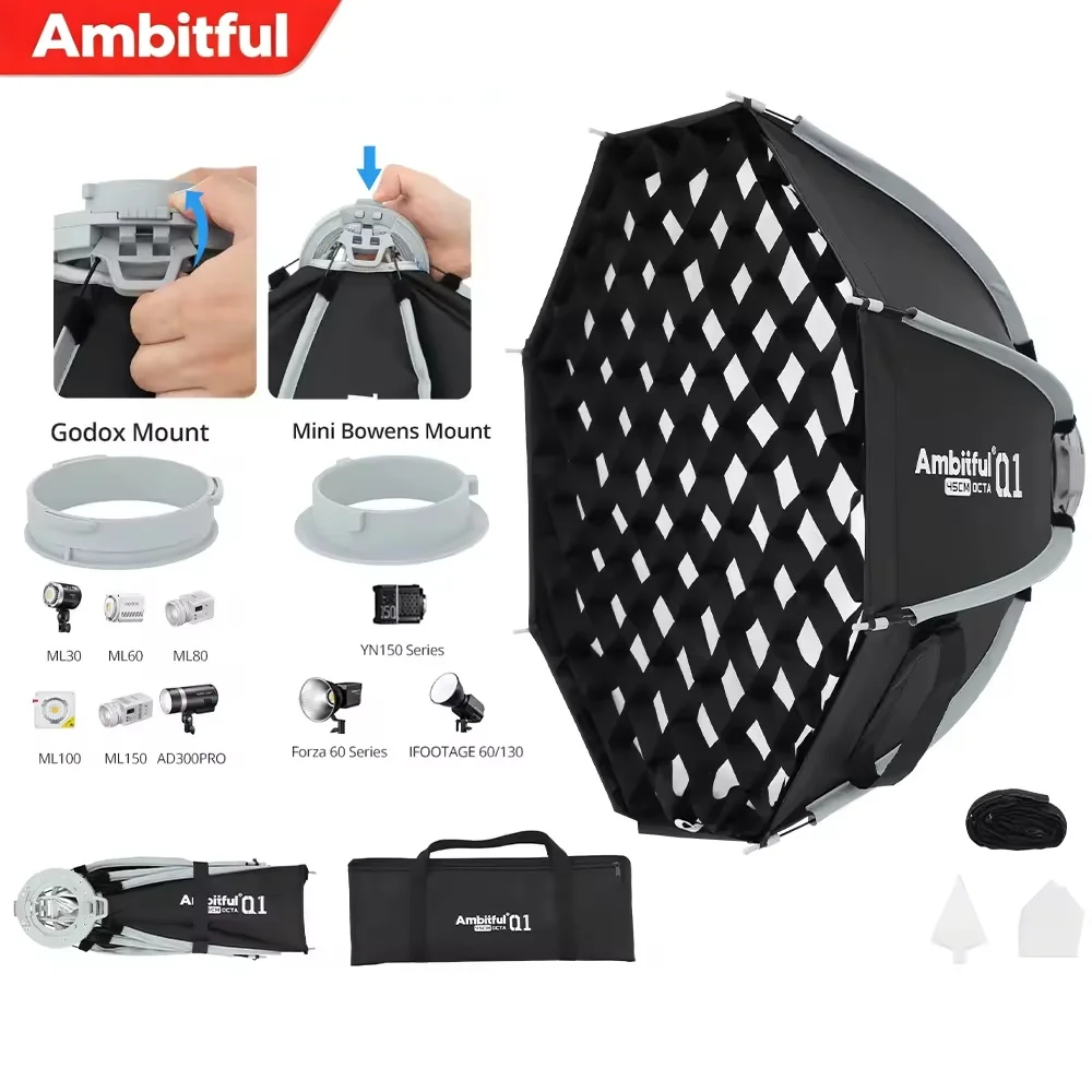 Фото Софтбокс Ambitful Q1 30см/45см Octa с быстрой установкой, креплением Bowens/GODOX и решеткой для серии GODOX Forza 60/YN150. №2