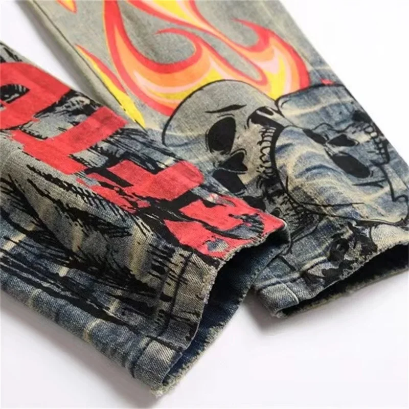 EH·MD® Color-Painted Graffiti Jeans Men Torn Elastic Slim Embroidered Trousers Leather Label Spot Pleated Patchwork Scratch Art2