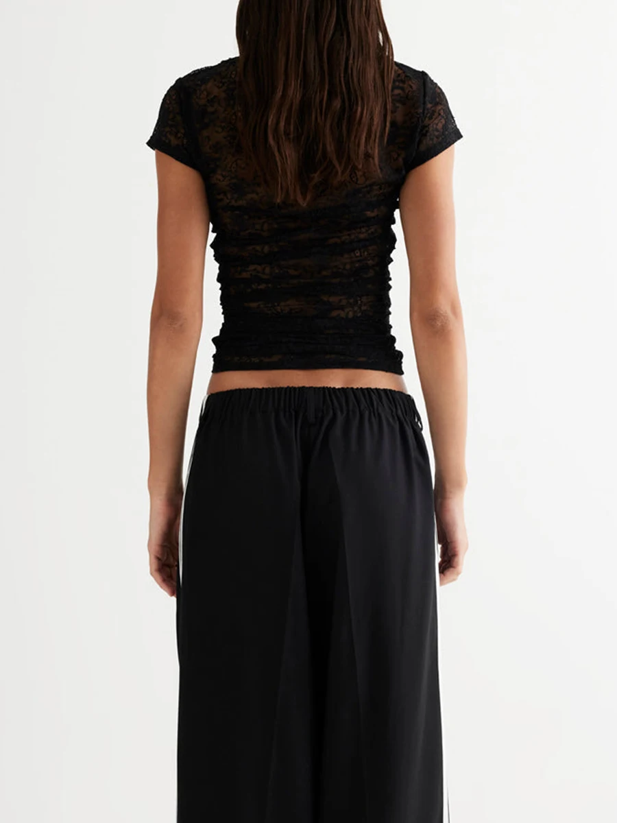 Женская Сексуальная кружевная футболка с круглым вырезом и коротким рукавом