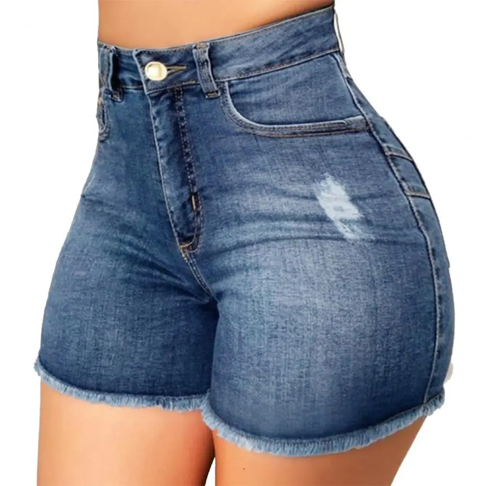 

Summer Women Shorts Denim Cotton Stylish High Waist Ripped Hole Pockets Slim Denim Shorts Hot High Waist Solid Color Hole a156