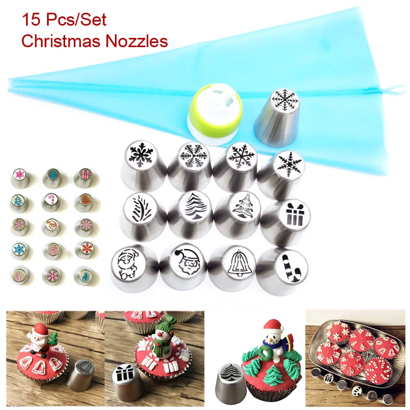 

15 Pcs Christmas Nozzles Russian Icing Piping Tips Christmas Design for Cakes Cupcakes Cookies - Decoration Pastry Baking Tools